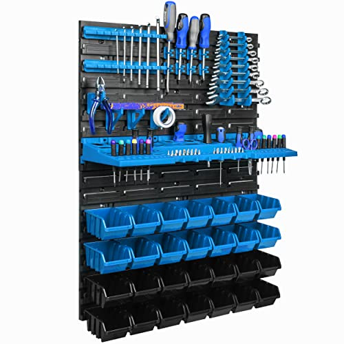 Étagère murale de rangement 58 x 78 cm - Supports à outils - 28 boîtes empilables - Boîtes de rangement - Panneaux muraux extra solides - Étagères extensibles - Étagère de rangement pour atelier Stec