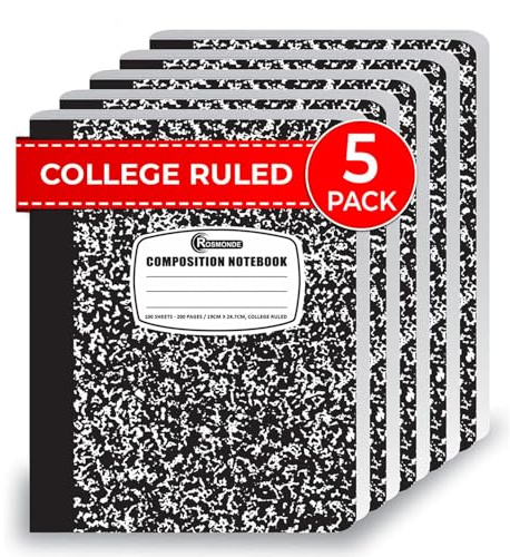Rosmonde College Ruled Composition Notebooks 5 Pack, 200 Pages (100 Sheets), 9-3/4 x 7-1/2, White & Black Marble Composition Book, Hard Cover, Sturdy Sewn Binding, School, College & Office Supplies
