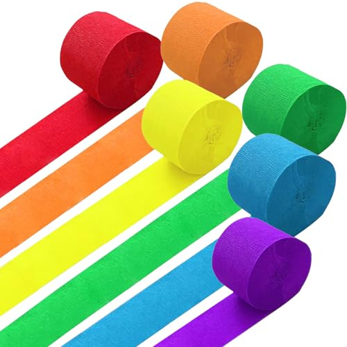 GAKA FAVOR Krepppapier Bunt （6 Rolle）4.5cm x 25m,Kreppbänder Luftschlangen Regenbogen für Hochzeit Geburtstags Party Dekoration