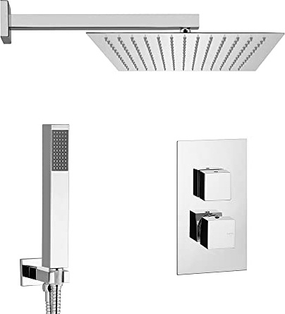 Set Doccia a Incasso Completo, Braccio e soffione Quadrato 25 cm Slim con ugelli anticalcare in Acciaio, Kit doccetta in Ottone, Torre