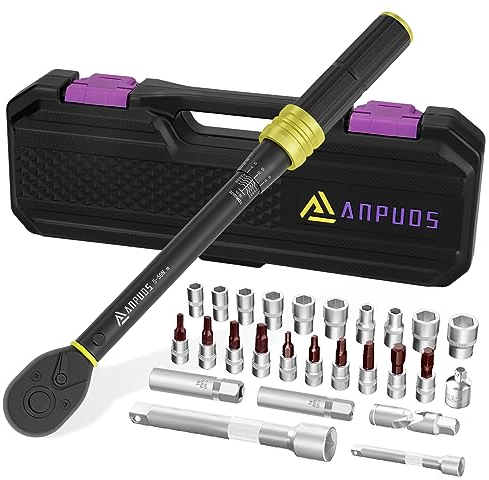 ANPUDS Clé Dynamométrique 3/8, Clé de Torsion 5-50Nm, 26 Pièces Kit D'entretien pour Vélo y Moto avec 100/150mm Extension, 3/8-1/4 Adaptateur, Douilles à Bougie, Cardan universel, Hex und Torx