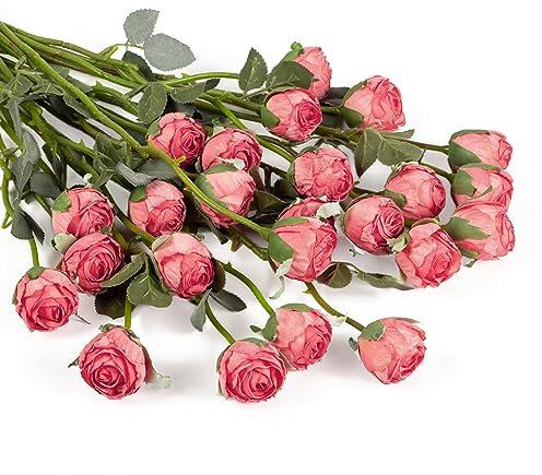 DuHouse 24 Stück Künstliche Rosen mit Langen Stielen – Vintage Seidenrosen für DIY-Sträuße, Hochzeitsdeko, Tischdekoration, Party & Zuhause(Vintage Rosa)