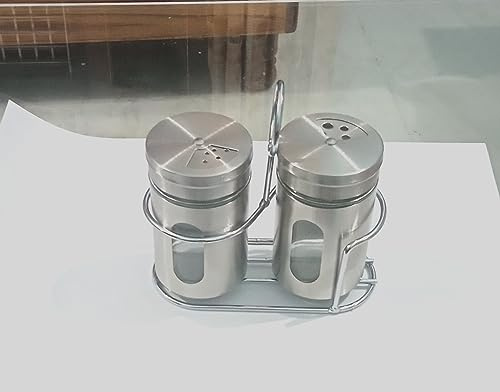 Stainless Steel Salt and Pepper Shaker with Transparent Glass 100 ml (Set of 2) with Stainless Steel Stand for Oregano, Chilli Flakes, Sugar, Seasoning Sprinkler Dinning Table masala pot