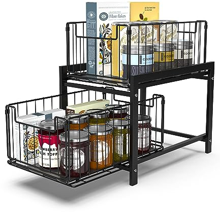 FAOKZE Scaffale Sottolavello Portaoggetti con 2 Cestelli Scorrevoli, Organizer Sottolavello Cucina In Acciaio Inox, Organizer Sotto il Lavello, 2 Livelli Sotto Lavello Cucina Organizer(Nero)