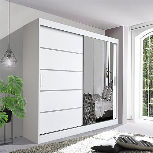 Track-D Stylish Bedroom Sliding Wardrobe- Ample Storage Space and Sleek Design comes in White/Grey/Black/Oak and Width 120cm/150cm/180cm/203cm/250cm (White, 180cm)