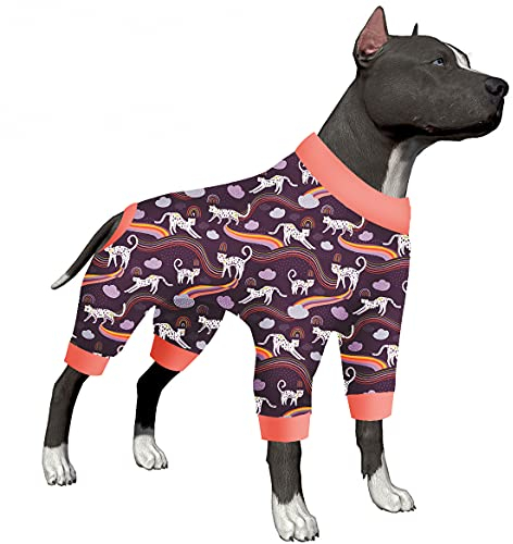 LovinPet Erholungsbody für mittelgroße Hunde und Mädchen, Angstberuhigender Schlafanzug, leichter, bequemer Stoff, Regenbogen-Druck, großer Schlafanzug, Einteiler mit 4 Beinen, Einteiler für Jungen
