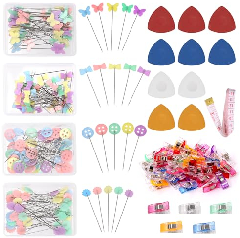 Glarks 261pcs Nähstifte Gerade Stifte Set, einschließlich Flachkopf Quilting Stifte mit Blume, Schmetterling, Krawatte und Knopf, Nähclips, Schmuck DIY