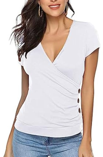 EMOTTOS Top con Scollo a V Y2K, Morbido Crop Top dal Taglio Basso Camicia con Collo a Cuore/Camicetta Estiva da Donna con Bottoni a Fascia Incrociata, Maglietta Skinny Moda Y2K, 2 Stili