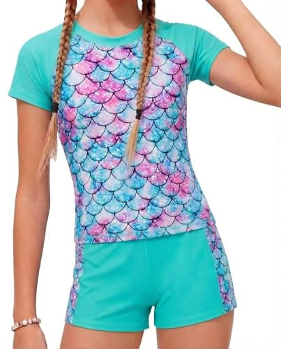 JiAmy Maillot de Bain Fille 2 Pieces Tee Shirt UPF50+ Anti UV Manches Courtes, Maillot de Bain Enfant Fille de Plage,Scalecyan 4-5 Ans