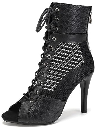 Uonpie Botines de Baile Latino Mujer con Tacón Alto | Botines de Malla con Cordones y Cremallera Trasera Salsa y Bachata de Salon Punta Abierta