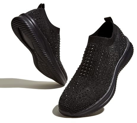 LUCKY STEP Damen-Laufschuhe mit Strass-Mesh zum Hineinschlüpfen, Modisch, Atmungsaktiv, Funkelnde Glitzer-Sneaker (Schwarz, 8US-38EU-5UK)