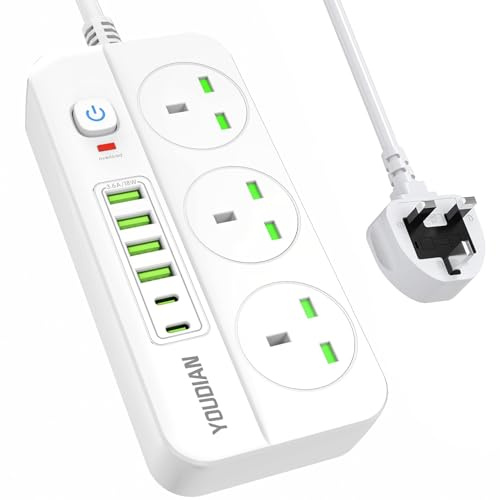 Extension Lead 2M with USB Slots,3 Way Sockets Outlets with 2 Type C and 4 USB-A Ports,Extension Cable with Switch Surge Protected Power Strips,UK Multi Plug Desktop Power Extension Socket