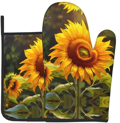 YYHWHJDE Set di 2 guanti da forno e presine con motivo girasole per aprire i coperchi delle pentole in cucina e per trasportare piatti da forni a microonde