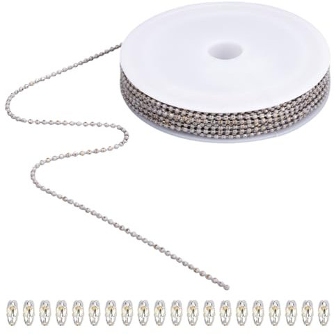 SOFPLATE 30 Feet/9M 1.5mm Bead Ball Chain Roll Silver Dog Tag Chain Brass Small Faceted Round Ball Pull Extension Soldered Metal Link Beaded Connectors for Jewellery Making Necklace Bracelet DIY Craft