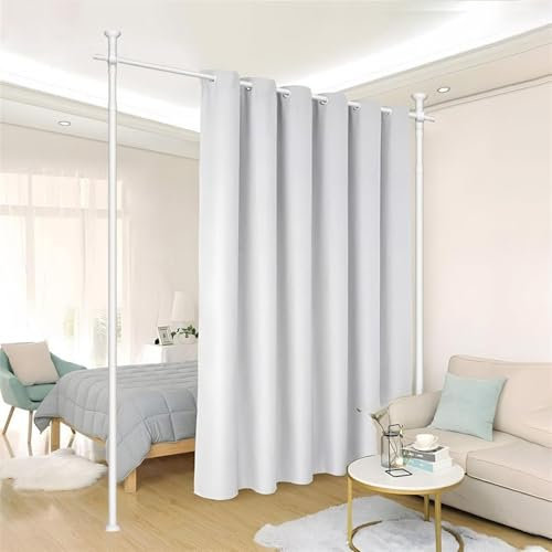 Momooda Spannbare Gardinenstange als Raumteiler, Freistehende Trennstange vom Boden bis zur Decke ohne Bohren, Gardinenständer aus Karbonstahl, 122-305cm (H) x 76-175cm (B), Weiß