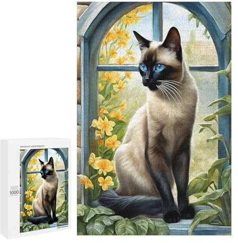 Puzzles for Adults 1000 Pieces - Animals Siamese Cat On Window Sills Perfect Interlocking Clear Printing - Adults Educational Puzzle Display as Artwork Idea!
