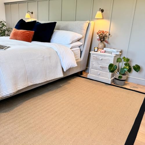 Jute Black Cotton Bordered Rugs Brown Beige Herringbone Chevron Rubber Backed Bedroom Livingroom Living Home Area Rug 160cm x 230cm (5ft 3 x 7ft 7)