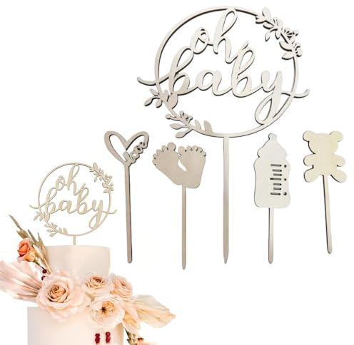 Cake Topper Holz, Kuchen Topper Babyparty Tortendeko, Baby Shower Dekoration Kuchenstecker für Baby Shower Eine Windeltorte Gender Reveal Partydeko (A)