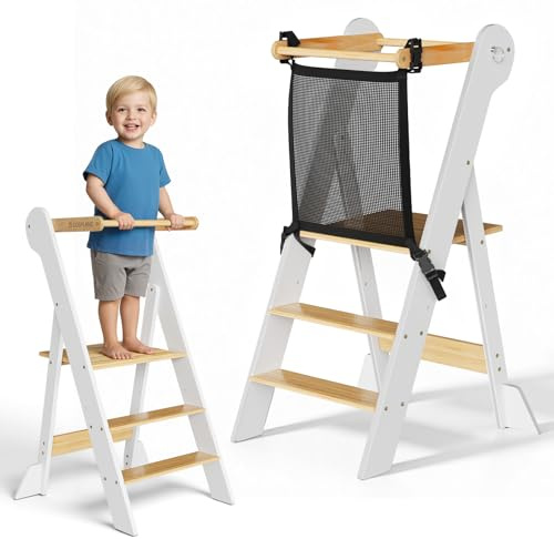 COSYLAND Montessori Lernturm ab 1 Jahr klappbar – Höhenverstellbarer Kinder Lernturm | Faltbarer Montessori Tower Learning Tower | Lernstuhl Kinder ab 1 Jahr Kitchen Helper - Weiß-Natur