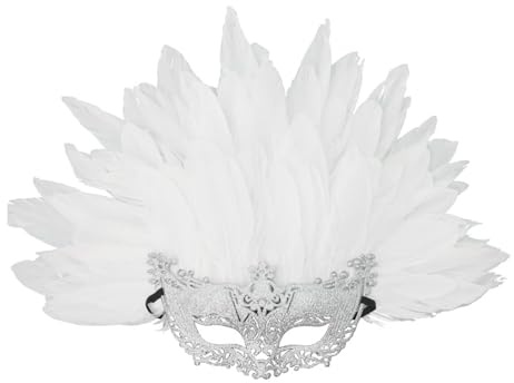 SHINROAD Masque décoratif en plumes pour femme Demi-visage avec Mardi Gras Bal de fin d'année Décoration de fête Sangle réglable Amovible Blanc