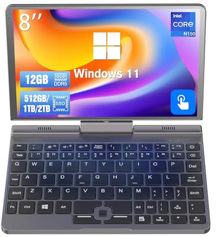Mini-Laptop 8 Zoll N95 Touchscreen Notebook Tablet 2-in-1 Handheld-Computer Tragbarer Pocket-PC Win-11 Pro, 12 GB RAM 2 TB SSD, Gigabit/Wi-Fi 6/BT5.2/2MP Kamera/G-Sensor/HDMI/PD 30W Aufladung/QWERTY