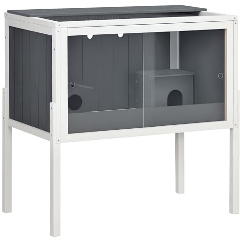 PawHut Jaula para Hámster de Madera 82x45x81 cm Casa para Roedores con Estante Desmontable 2 Puertas de Acrílico 2 Casitas para Animales Pequeños Gris Oscuro
