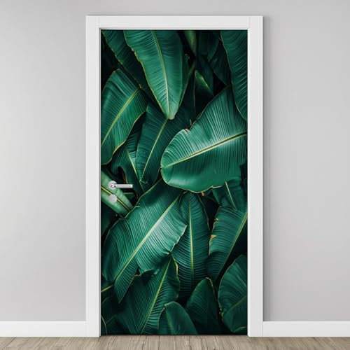 Sticker Mural Porte 3D Plantes Tropicales 83x204cm Feuille de Bananier Autocollants Porte Trompe L'oeil Effect Auto-adhésif Vinyle Vert Foncé Stickers Muraux Maison Déco Art Tds107
