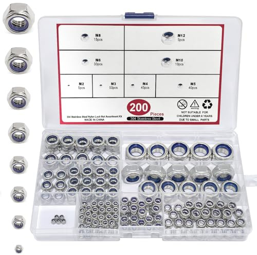 Selbstsichernde Muttern Set 304 Edelstahl - 200 Stück Sortiment M2 M3 M4 M5 M6 M8 M10 M12 Mutter – Rostfreie Stoppmuttern Sechskantmuttern für Schraubenset, Radmuttern Reparatur & Maschinenbau