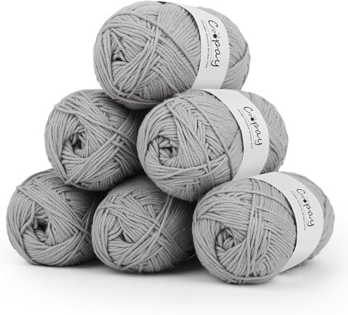 Coopay Häkelgarn, 100% Baumwolle Strickgarn, 6x50g Weiches Baumwollgarn zum Häkeln und Stricken, Handstrickgarne Kit zur Herstellung von Pullovern, Socken, Decken - Grau