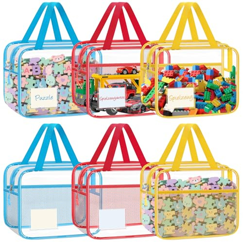 YHANEC 6 Stück Aufbewahrungstaschen für Spielzeug, Wasserdicht Spielzeug Organizer mit Anleitung Beutel und Namensetikett, Kosmetiktasche Durchsichtig für Puzzles und Blöcke Aufbewahrung (XXL)