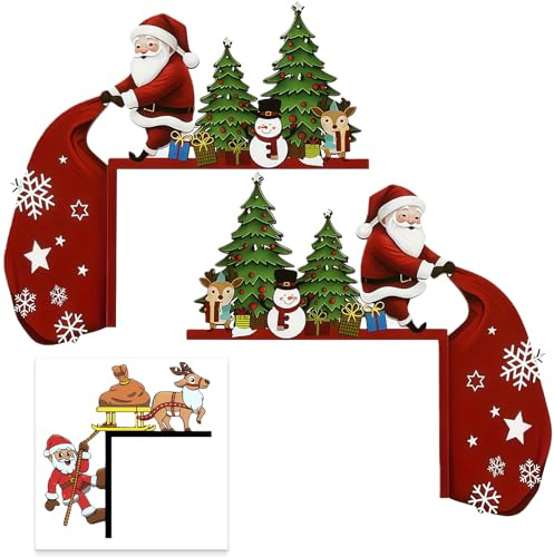 AYNKH 3 Stück Weihnachtsdeko Tür Deko Weihnachten, Holz Türrahmen Set mit Weihnachtsmann, Schneemann und Rentier, Lustige Eckrahmen Türverkleidung für Küche Bad Balkon, Mit Aufkleber