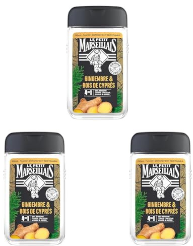 Le Petit Marseillais | Gel Douche Homme Gingembre & Bois de Cyprès (flacon de 250 ml) – Formule 4 en 1 corps, cheveux, visage & barbe – 92% d'ingrédients d'origine naturelle et pH neutre (Lot de 3)