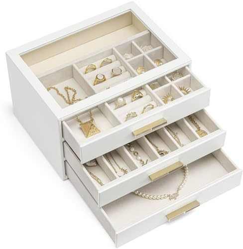 VLANDO Schmuckkästchen Groß,Schmuckaufbewahrung mit 3 Ebenen,PU leader | Schmuck Organizer für Halsketten, Ohrringe, Uhren, Armbänder，Wohndekoration, Geschenk für Damen,Weiß