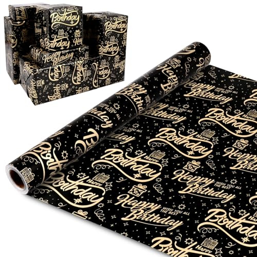 43cm x 15m Geschenkpapierrolle Geburtstag,Recycelbares Geschenkpapier Happy Birthday für Kindergeburtstag Babyparty Mädchen Jungen Erwachsener (Schwarzgold-Geburtstag)