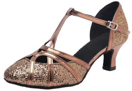 M&Catree Zapatos de Baile Latino para Mujer Punta Cerrada Zapato de Danza Tacón Alto Jazz Tango Práctica - Bronce (Talón 5.5cm), CN 34 (EU 33)