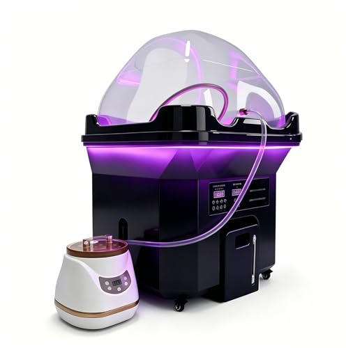 Neueste Head Spa, Mobiles Waschbecken mit 60L Wassertank und Abwassertank, inkl. Dampfhaube, Verneblung, Phototherapie und 4 Rollen, für Salon und Friseur， Konstanttemperatur-Wasserfall (Schwarz)