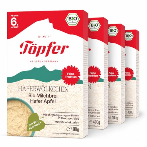 Töpfer Haferwölkchen Bio Milchbrei Hafer Apfel – Babybrei ab dem 6. Monat – cremig & fruchtig – leicht verdaulich – ohne Zuckerzusatz & ohne Aromen – 4x400g