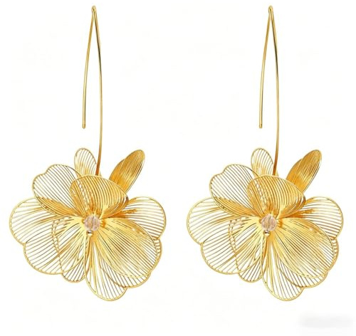 MIYUEFAN Boucle d'oreille Fleur pour Femme, Hypoallergéniques Grandes Boucle d'oreille Pendentif Fleur Plaqué or 14K, Bijoux Cadeau pour Fête des Mères Mariage Anniversaire (Or - Style B)