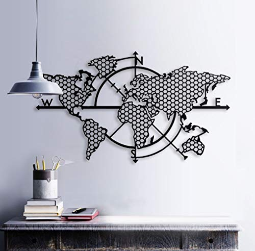 BAUPOR Metall-Weltkarte, Wandkunst, Kompass, Weltkarte, 3D-Wand-Silhouette, Metall-Wanddekoration, Heimbüro, Schlafzimmer, Wohnzimmer, Dekoration, stilvolles Kunstwerk (99 x 57 cm)