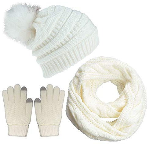 CheChury Damen Kombi Set Schal Mütze Set Loop Schal Gestrickt Beanie Strickmütze Fleece Bommelmütze Pompon Touchscreen-Handschuhe Strick mit Kreis Geschenkset für Frauen