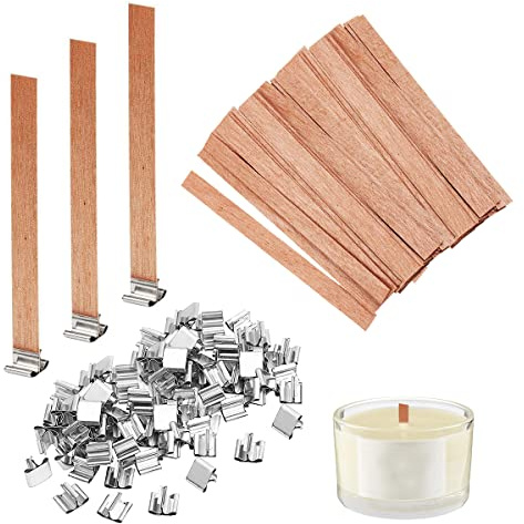 100 Stück Kerzendocht aus Holz, 13 x 130 mm Holzdochte für Kerzen, Kerzendochte für Kerzen mit 100 Klammern für Kerzenherstellung und DIY Handwerk Weinachts Dekoration