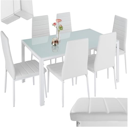 tectake® Ensemble Table à Manger avec 6 chaises de Salle à Manger en Cuir synthétique Chaises Modernes Structure & Pieds en Acier Table Salle à Manger en Verre trempé pour Salon, Chambre, Cuisine