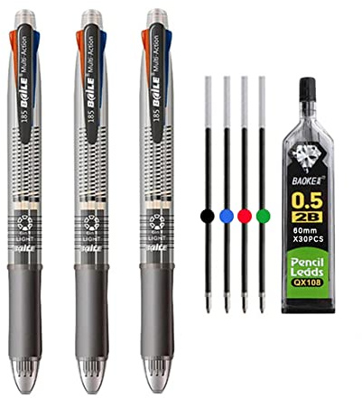MROOFUL 5-i-1 medium spets 1,0 mm flerfärgad kulspetspenna 0,5 mm mekanisk penna 4 färger multifunktionell penna multipack med 3 infällbara kulspetspennor (grå)