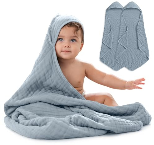 Comfy Cubs 2er-Pack Baby-Kapuzenhandtücher aus 9-lagiger Musselin-Baumwolle, groß (32 x 32 Zoll), ultraweich, warm und saugfähig. Süße Unisex-Badetücher für Mädchen und Jungen (2er-Pack, Pazifikblau)