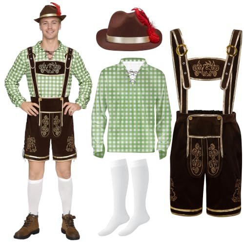 Spooktacular Creations Lederhosen, Oktoberfest-outfit, tysk bayersk dräkt för halloween, ölfestival, fester, kostymset med hatt och skjorta, 5-pack, blå (storlek L)