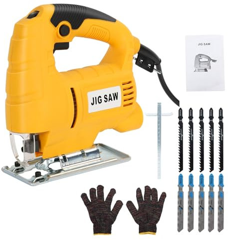 900W Corded Electric Jig Saw, Jig Saw Tool Kit for Wood, Metal and Plastic Cutting, 10 Blades, 45 Degree Bevel Cutting, 3000RPM Yellow