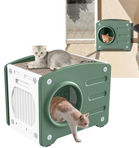 YUENFONG Katzenhaus mit Katzenkratzbrett, Katzenhöhle Outdoor Indoor, PP Katzen Haus Abnehmbare Katzenhaus für Draußen Katzentonne, 55.3x40.5x46cm, Grün & Weiß