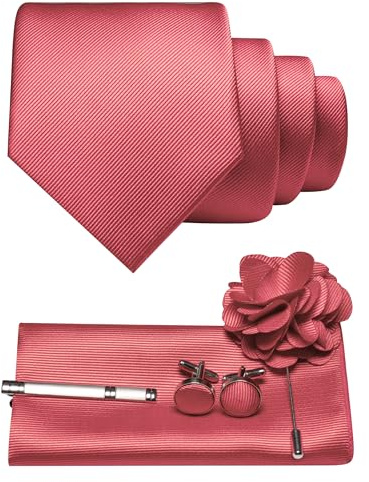 JEMYGINS Corbata de sarga para hombre con diseño monocolor, incluye pañuelo de bolsillo, gemelos, pinza de corbata y broche de flores, set de regalo para fiestas, negocios, bodas, Color rosa coral., M