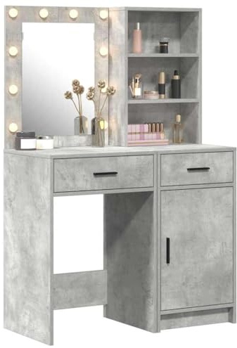 vidaXL Kompakt modernt sminkbord med inbyggd belysning, 2 enheter, Betonggrå MDF-finish, Idealisk för sovrum, Användbar smink- och groomingförvaring, Standardlåda, Bord med upplyst spegel