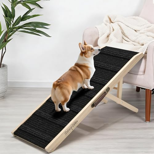 Dog Ramp for Bed - Foldable Small Medium Dog Ramp for Couch - 6 Adjustable Height from 33 to 55.9cm - Stairs with High Traction Mat& Platform - Wooden Ramp for Dogs to Get on Bed Couch Car Up to 68kg